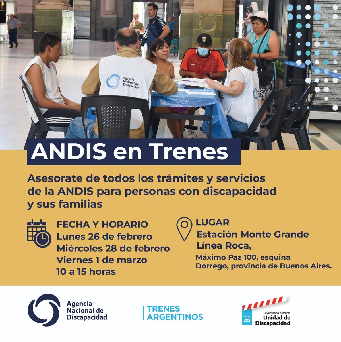 El lunes 26, miércoles 28/ 02 y viernes 1 de marzo vamos a estar en la estación de Monte Grande de la Línea Roca (Máximo Paz al 100) asesorando sobre trámites y servicios de la #ANDIS. Nos podrás encontrar junto a @trenesargentinosop  horario desde 10 a 15 hs <a href="/roberingratta/">Roberto Ingratta</a>

🚉