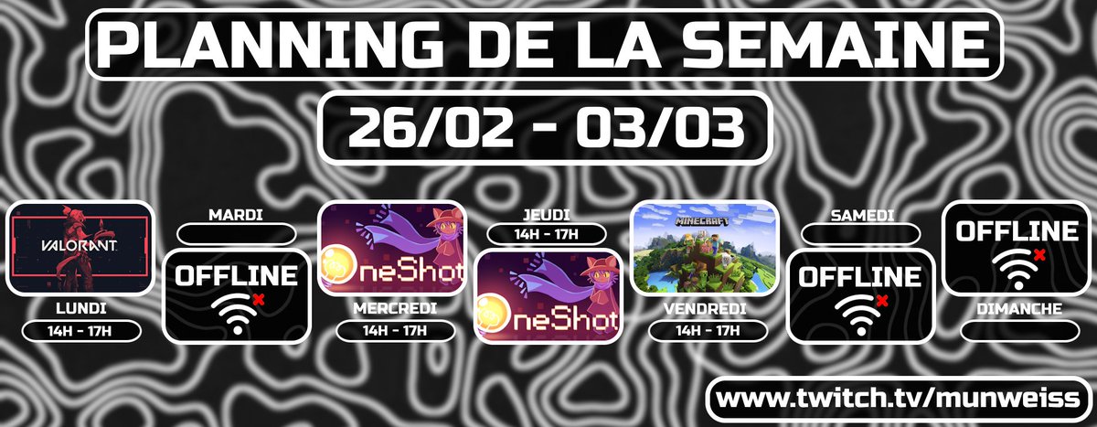 munweiss_'s tweet photo. Petit Programme de la Semaine !

@PetitsStreams #twitchStreamers #TwitchFr #StreamFr #twitch #gaming https://t.co/eQdVmgCRlq