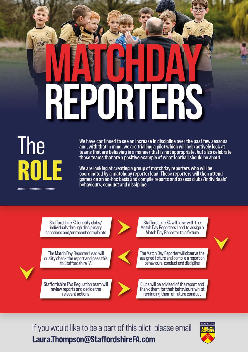 We are looking at creating a group of matchday reporters who will attend grassroots games on an ad-hoc basis and compile reports on clubs/individuals’ behaviours, conduct and discipline 📝

Please email Laura.Thompson@StaffordshireFA.com ✉️

#StaffordshireFootball