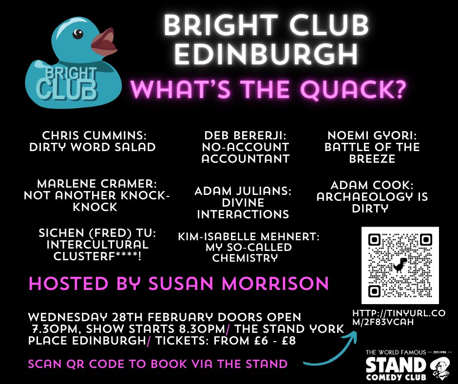 📣Line-up for 28th February CONFIRMED. Come get yer tickets for a good laugh at curious comedy! 🎭 hosted by the amazing <a href="/suziemo/">Susan Morrison</a> <a href="/StandComedyClub/">The Stand</a>