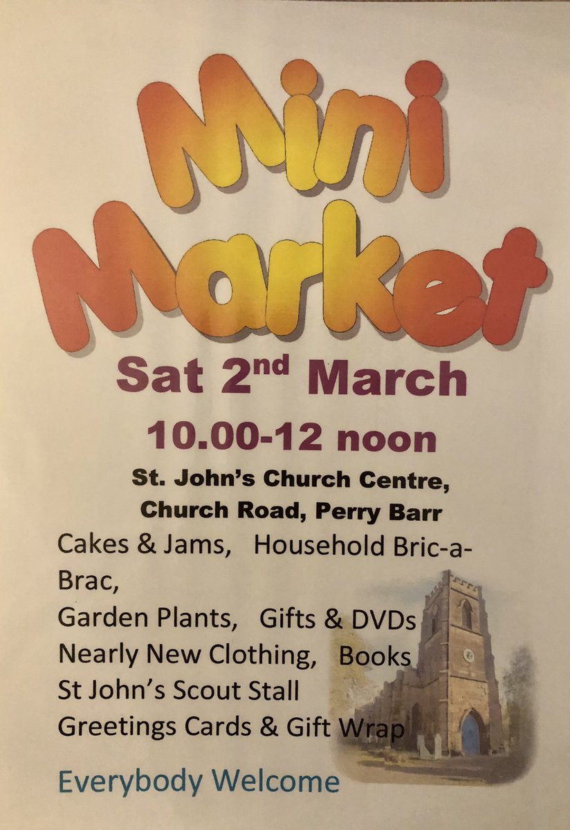 Our next mini market is this coming Saturday. Come along for stalls, cakes and bacon/veggie rolls, raising money for St John’s 😊