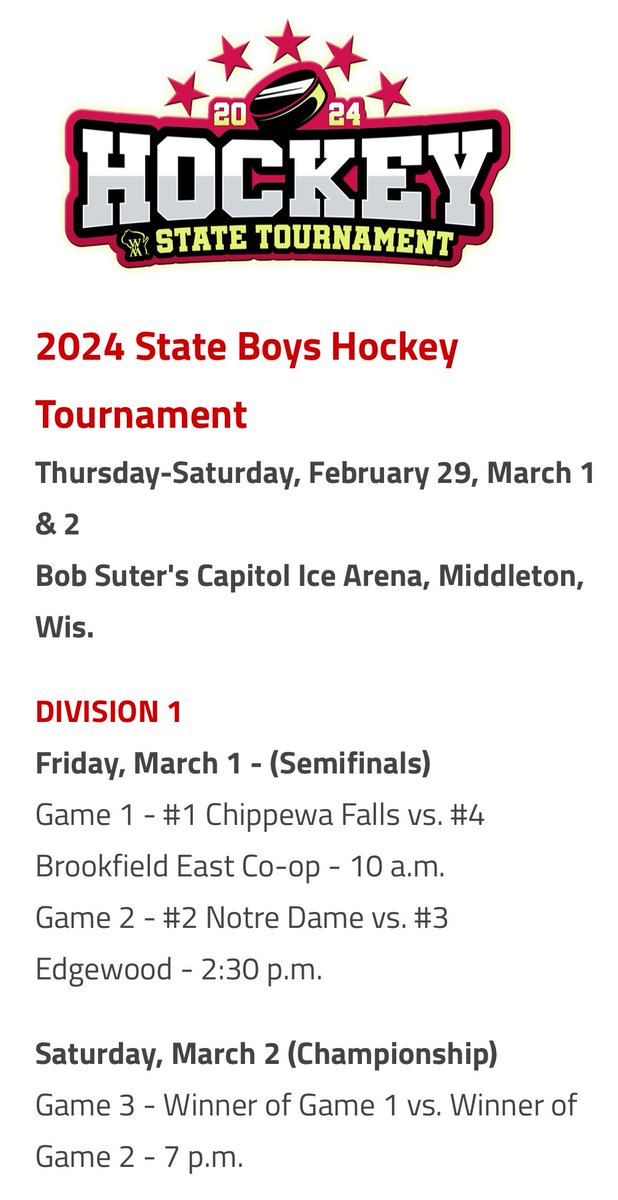 Chippewa Falls earns the #1 seed at the WIAA State Hockey Tournament and will face #4 Brookfield East on Friday, March 1st at 10:00 am! (Ticketing info will be announced later today) ⁦@ChiHiHockey⁩ #MightyCardinals