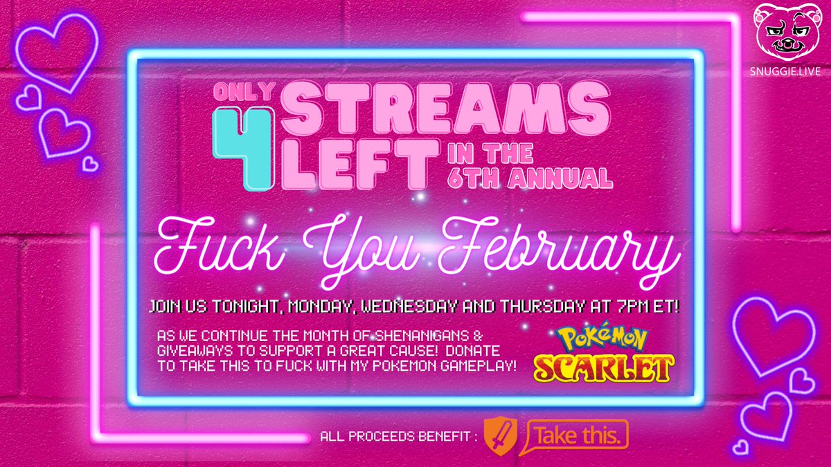 akaSnuggie's tweet photo. *4 STREAMS LEFT*
Join me and the Bear Cave as I do a blind playthrough of Pokemon Scarlet's DLC and YOUR DONATIONS to mental health control my gameplay. 
Make my life miserable for an amazing cause, @TakeThisOrg, & remind others it's okay to not be okay.
https://t.co/doQtOCYMEW