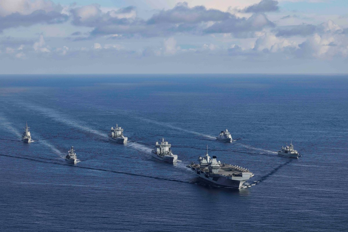 COMUKCSG's tweet photo. Meet the #SteadfastDefender24 Carrier Task Group.

Four @NATO allies coming together to deliver maritime strike capability, with @HMSPWLS acting as a well defended, mobile airfield offering maritime &amp; air agility to deter adversaries &amp; defend allies. #WeAreNATO 

🇬🇧🇨🇦🇩🇰🇪🇸 https://t.co/iPCZ2fmLt4