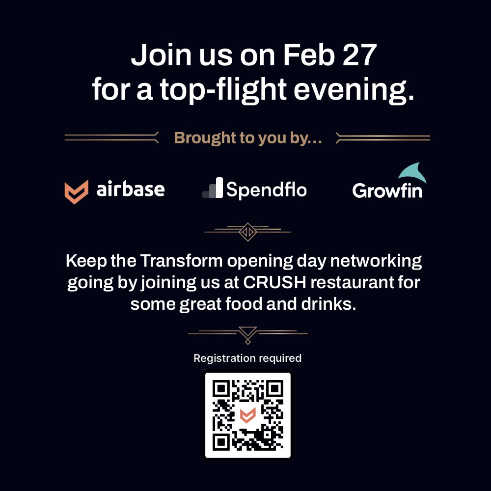 If you are going to be at Sage Transform 2024, join us for a top-flight evening. 🙌 @AirbaseHQ @spendflo and @GrowfinApp are keeping the Transform opening day networking going by a finance leader mixer at CRUSH restaurant. 💯 #sagetransform #transform24