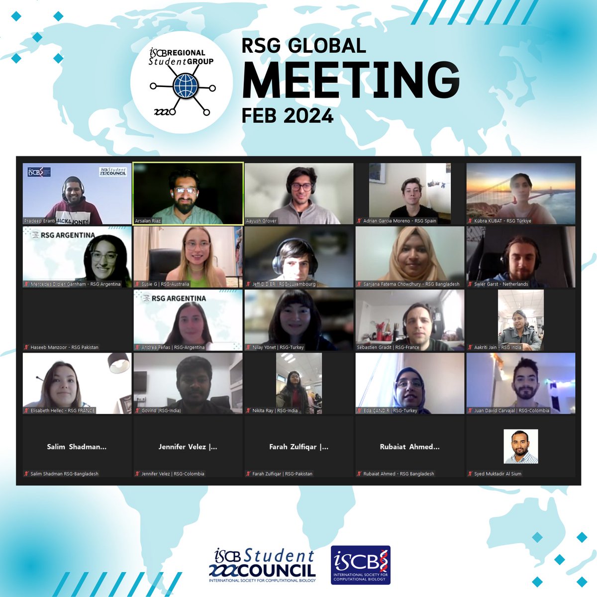 We had a fantastic leadership summit yesterday with participation from RSGs across 4 continents 🌎🌏🌍 

Stay tuned for collaborative events for students &amp; ECRs🤩🥳🧬💻

To learn about <a href="/iscb/">ISCB News</a>-<a href="/iscbsc/">ISCB Student Council</a> RSG program, visit zenodo.org/records/8228659

#Bioinformatics #ComputationalBiology