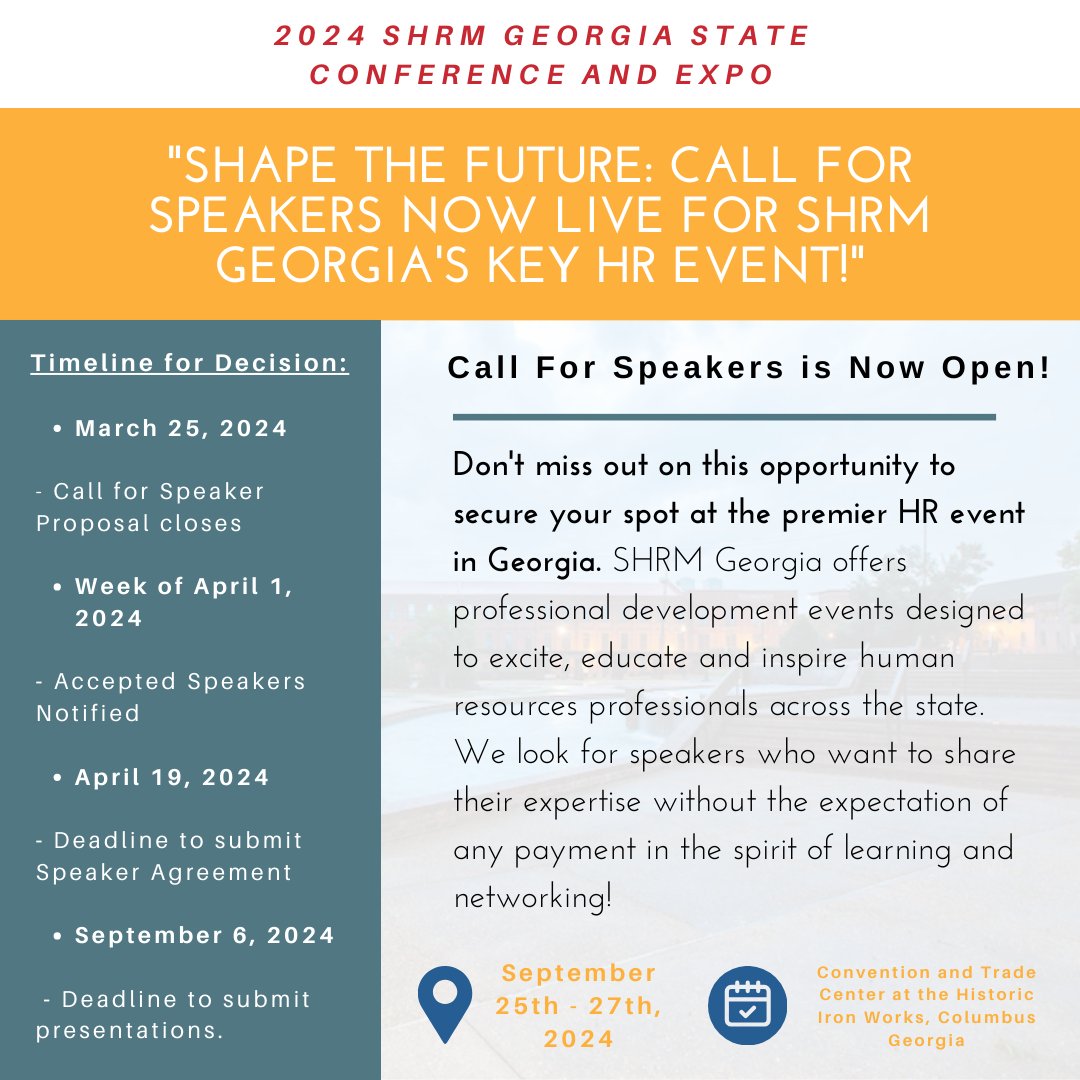 Calling all HR pros! Join us at the One SHRM Georgia State Council Annual Conference & Expo as a speaker! Share your expertise, network, and inspire others. Submit your proposal by March 25, 2024. Visit shrmgeorgia.org for more information! #SHRMGeorgia #SHRM24 #SHRMGA24