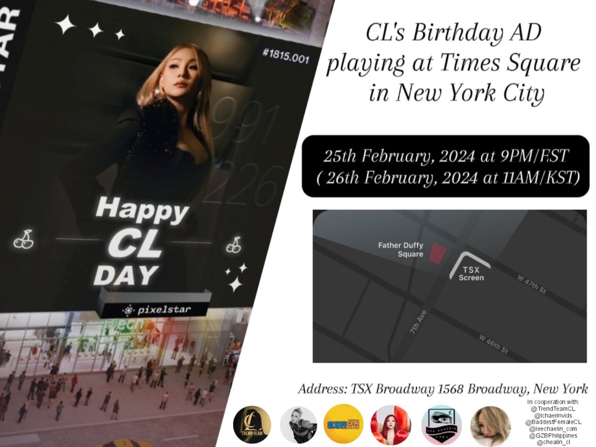 New York GZBz!!
Catch our Birthday AD for CL today at 9:00PM/EST at

TSX Broadway 1568 Broadway, New York 

Happy Birthday CL !!
#CherryCLDay
