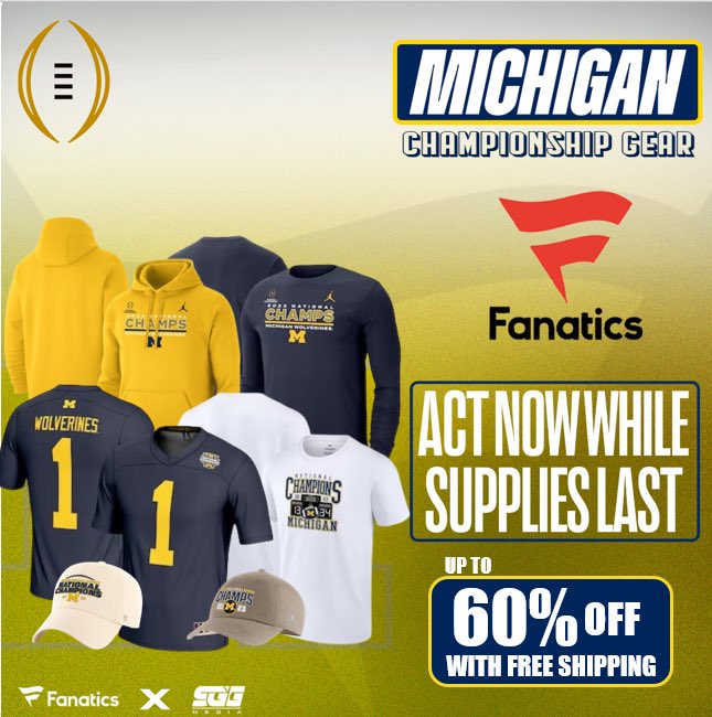 MICHIGAN WOLVERINES NATIONAL CHAMPIONSHIP SALE🏆🏆🏆 MICHIGAN FANS‼️Take advantage of Fanatics exclusive offer and get up to 60% OFF MICHIGAN Natty gear with FREE SHIPPING using THIS PROMO LINK: fanatics.93n6tx.net/MICHIGANCFP 📈 HURRY! DEAL ENDS TONIGHT🤝#GoBlue