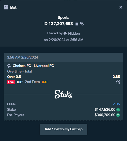 ALERT: New high roller bet posted! A bet has been placed for $147,536.00 on Chelsea FC - Liverpool FC to win $346,709.60. To view this bet or copy it stake.com/sports/home?ii…