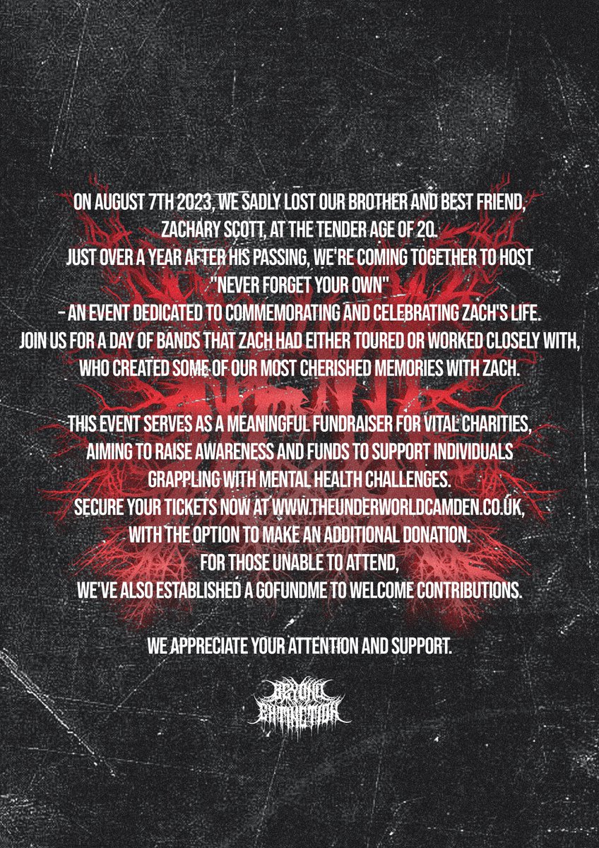 The Underworld (@theunderworld) on Twitter photo On Sale Now! 📣 ‘Never Forget Your Own’ - an all-dayer celebrating the life of Zach Scott featuring <a href="/OsiahBand/">Osiah</a> <a href="/BeyExt/">BEYOND EXTINCTION</a> <a href="/GodEaterUK/">Godeater</a> <a href="/BitterwoodHC/">🅱️itterwood 🏴</a> <a href="/DygoraOfficial/">Dygora</a> <a href="/GlowerUK/">Glower</a> & more, Sat 17 Aug at <a href="/TheUnderworld/">The Underworld</a>.
🎟️ tinyurl.com/yecj5fb4
🎶 spoti.fi/3dIotnj On Sale Now! 📣 ‘Never Forget Your Own’ - an all-dayer celebrating the life of Zach Scott featuring <a href="/OsiahBand/">Osiah</a> <a href="/BeyExt/">BEYOND EXTINCTION</a> <a href="/GodEaterUK/">Godeater</a> <a href="/BitterwoodHC/">🅱️itterwood 🏴</a> <a href="/DygoraOfficial/">Dygora</a> <a href="/GlowerUK/">Glower</a> & more, Sat 17 Aug at <a href="/TheUnderworld/">The Underworld</a>.
🎟️ tinyurl.com/yecj5fb4
🎶 spoti.fi/3dIotnj
