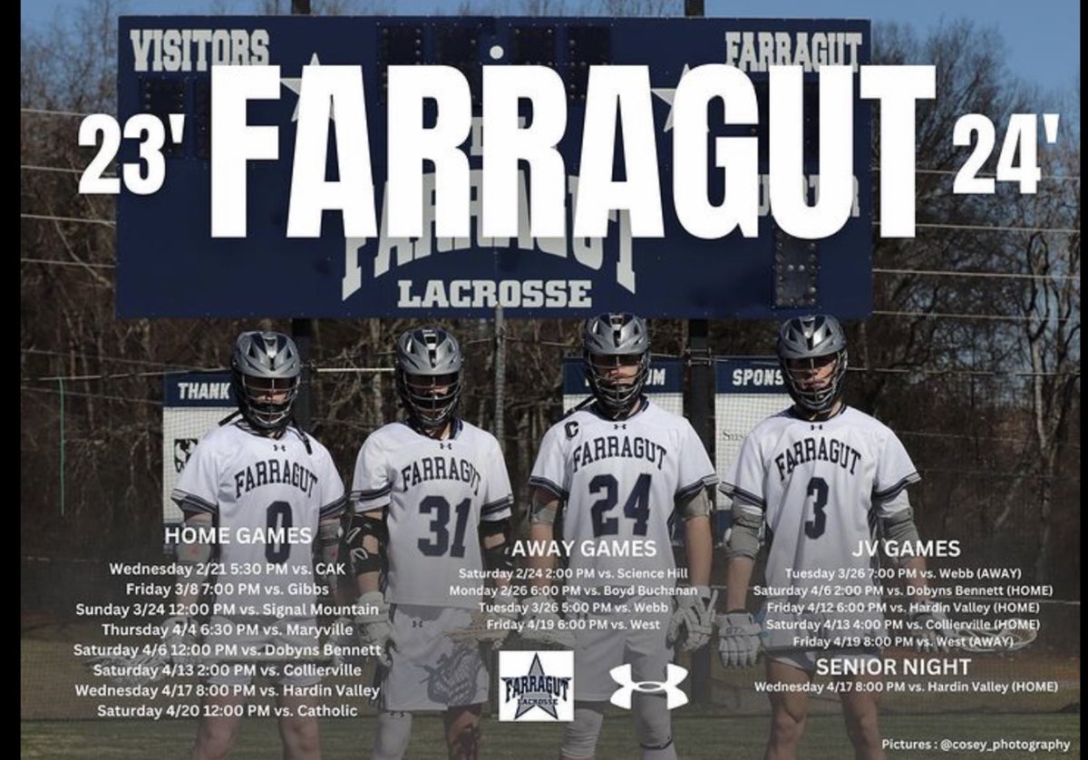 🥍⚓️ The 2️⃣0️⃣2️⃣4️⃣ Farragut Admirals Mens Lacrosse Team is off to a 2-0 start with victories over CAK and Science Hill ⚓️🥍
Check out the Admirals’ full schedule in the photo below
___
<a href="/FarragutMLax/">Farragut HS Lacrosse</a> <a href="/CFlat2931/">CFlat</a> <a href="/5StarPreps/">5Star Preps</a> <a href="/prepxtra/">PrepXtra</a> <a href="/austinscott71/">Austin Bilbrey Ed.S.</a> <a href="/West105_WFIV/">Farragut Radio</a> <a href="/farragutpress1/">farragutpress</a>