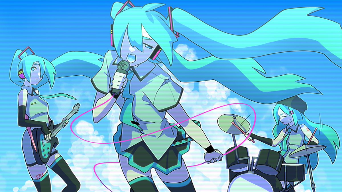 hatsune miku drum instrument twintails long hair multiple girls thighhighs guitar  illustration images
