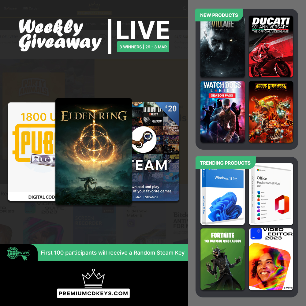 Our Weekly #Giveaway is Live!

Participate for a chance to win Elden Ring Steam, #Steam $20 USD Gift Card and #PUBG Mobile 1800 UC Gift Card.

To participate visit: premiumcdkeys.com/pages/weekly-g…

#Contest ends on 3 march 2024, 3 Winners will be selected randomly! #Giveaways
