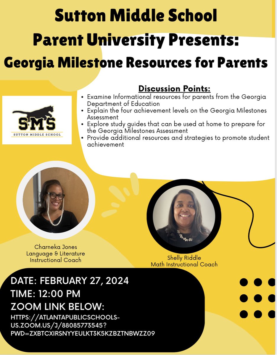 📚 Excited to announce Parent University happening this week via Zoom! Join us for a deep dive into Georgia Milestones with our Instructional Coaches sharing valuable resources for families! Don't miss out, mark your calendars! #ParentUniversity @SuttonCougars