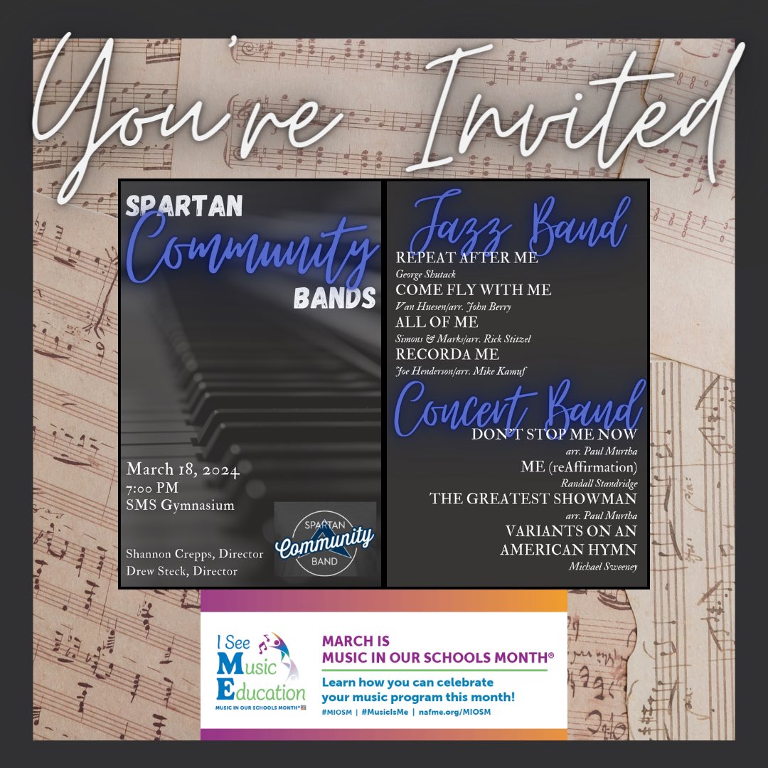 The Spartan Community Band-135 musicians from the Spartan Bands community will present a concert to celebrate Music In Our Schools Month! Join us for our concert on Mon., 3/18, at 7PM in the Saeger Middle Gym. #MIOSM2024 #MIOSM @NAfME @fhcspartanbands @ArtsFhsd @FrancisHowell