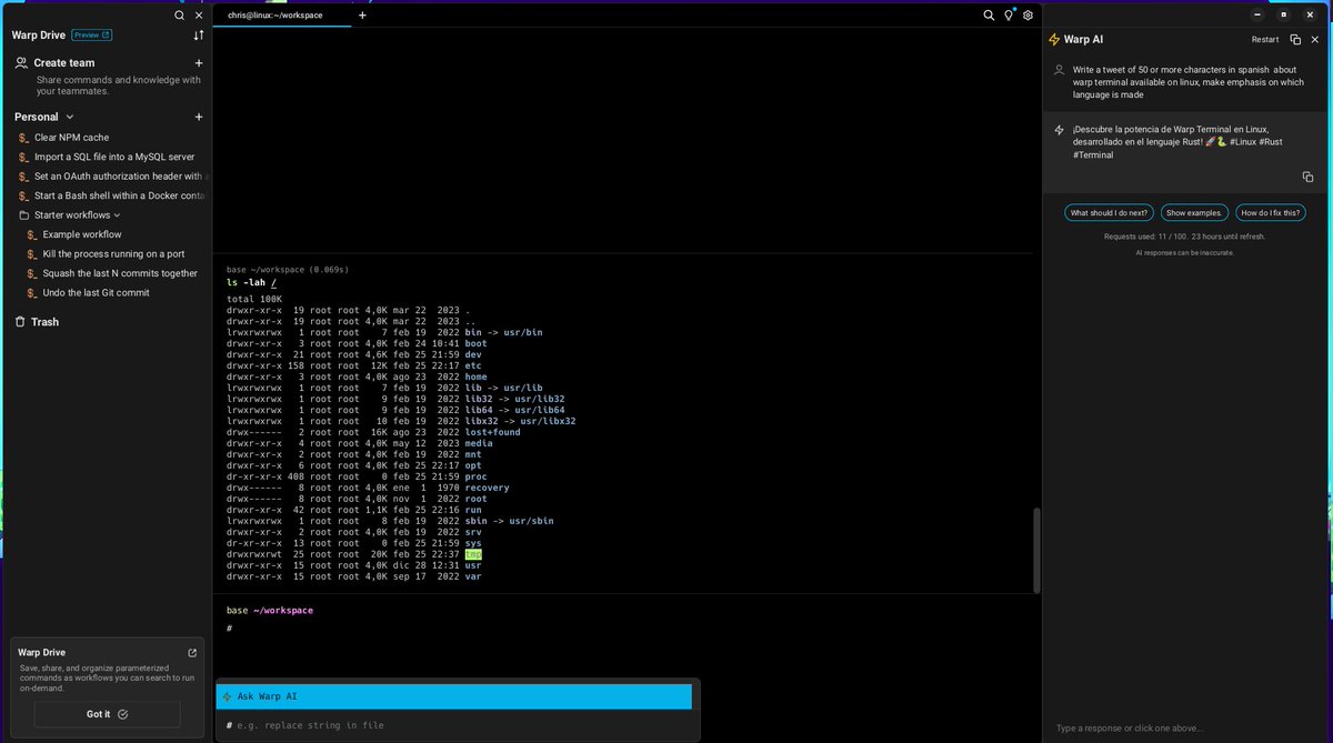 Ya está Warp Terminal disponible en Linux, hecho en Rust y con una IA integrada en la terminal que te ayuda si no recuerdas algo, con un apartado para guardar comandos (Windows coming soon) warp.dev
