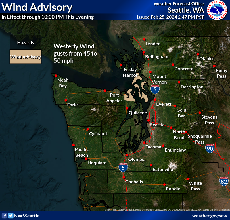 NWSSeattle's tweet image. With a strong surge of winds just behind this afternoon's cold front, we have issued a Wind Advisory for the Admiralty Inlet area, covering Whidbey Island through 10 PM this evening. Wind gusts up to 50 mph possible. 

#WAwx