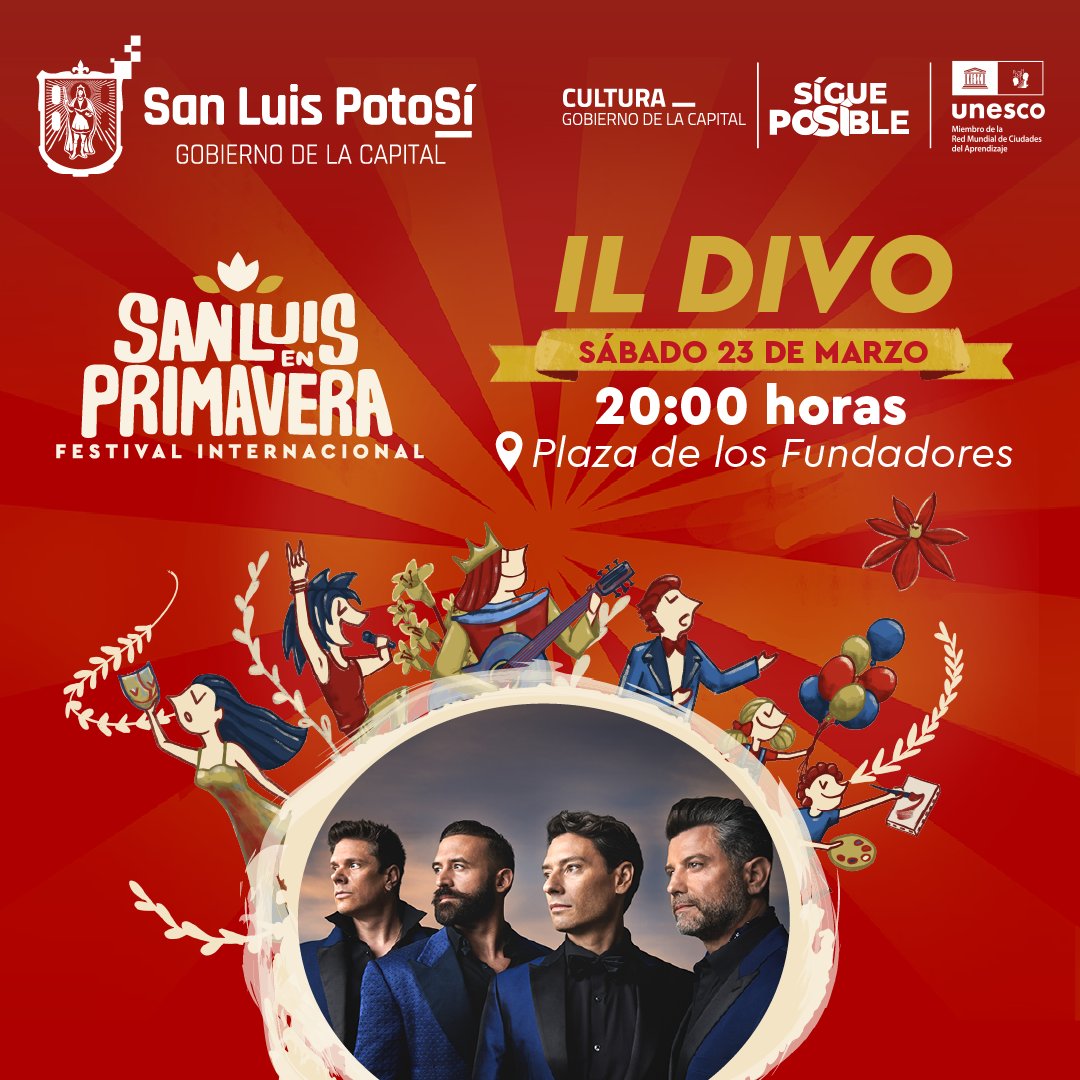 ¡@ildivoofficial llega al Festival Internacional #SanLuisEnPrimavera! El cuarteto inglés de cantantes de ópera será el que inaugure la mejor fiesta cultural del centro de México con un concierto gratuito en la plaza Fundadores. ¡Ven a disfrutar la #SemanaSanta en…
