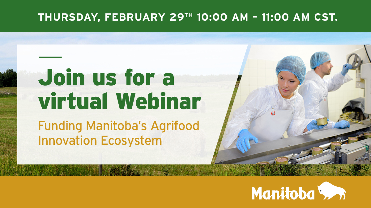 Register for today's webinar, Funding Manitoba's Agri-food Innovation Ecosystem with CFIN, NPC, and PIC at bit.ly/3SEPEXW. Agri-food businesses and investors – this is your chance to be part of something big! #MBAgrifood
