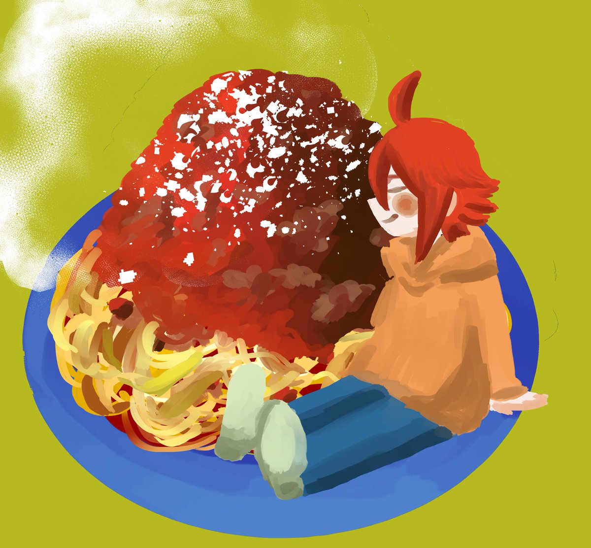 red hair food ahoge steam solo green background sitting  illustration images