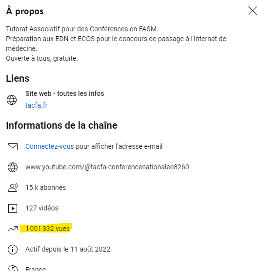 Un million de vues sur Youtube depuis le lancement du TACFA il y a un an et demi !!!
Merci aux HU qui nous relisent, à <a href="/UNESSfr/">UNESS.fr</a>  et aux centaines de bénévoles

Futurs conférenciers, vous savez qui rejoindre pour impacter toute une génération d'étudiants 😉

<a href="/ConfDoyensMed/">Conférence nationale des Doyens de médecine</a>