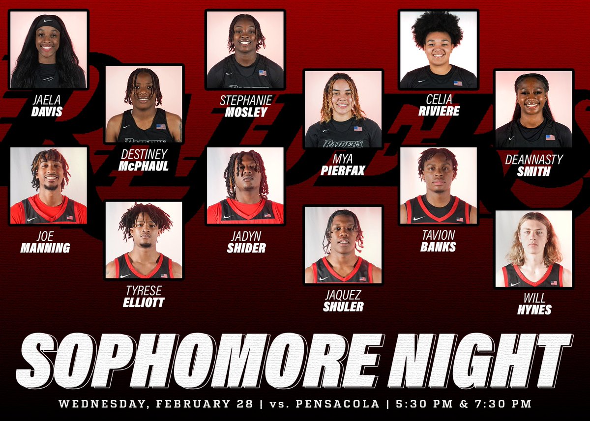 Join us this Wednesday, February 28, for the last regular season home game, as we honor 12 sophomores for their dedication and commitment to @nwfstatecollege and Raider Athletics. ⏰ @NWFRaiders_WBB - 5:30 PM ⏰ @NWFRaiders_MBB - 7:30 PM #GoRaiders #SoundTheSiren