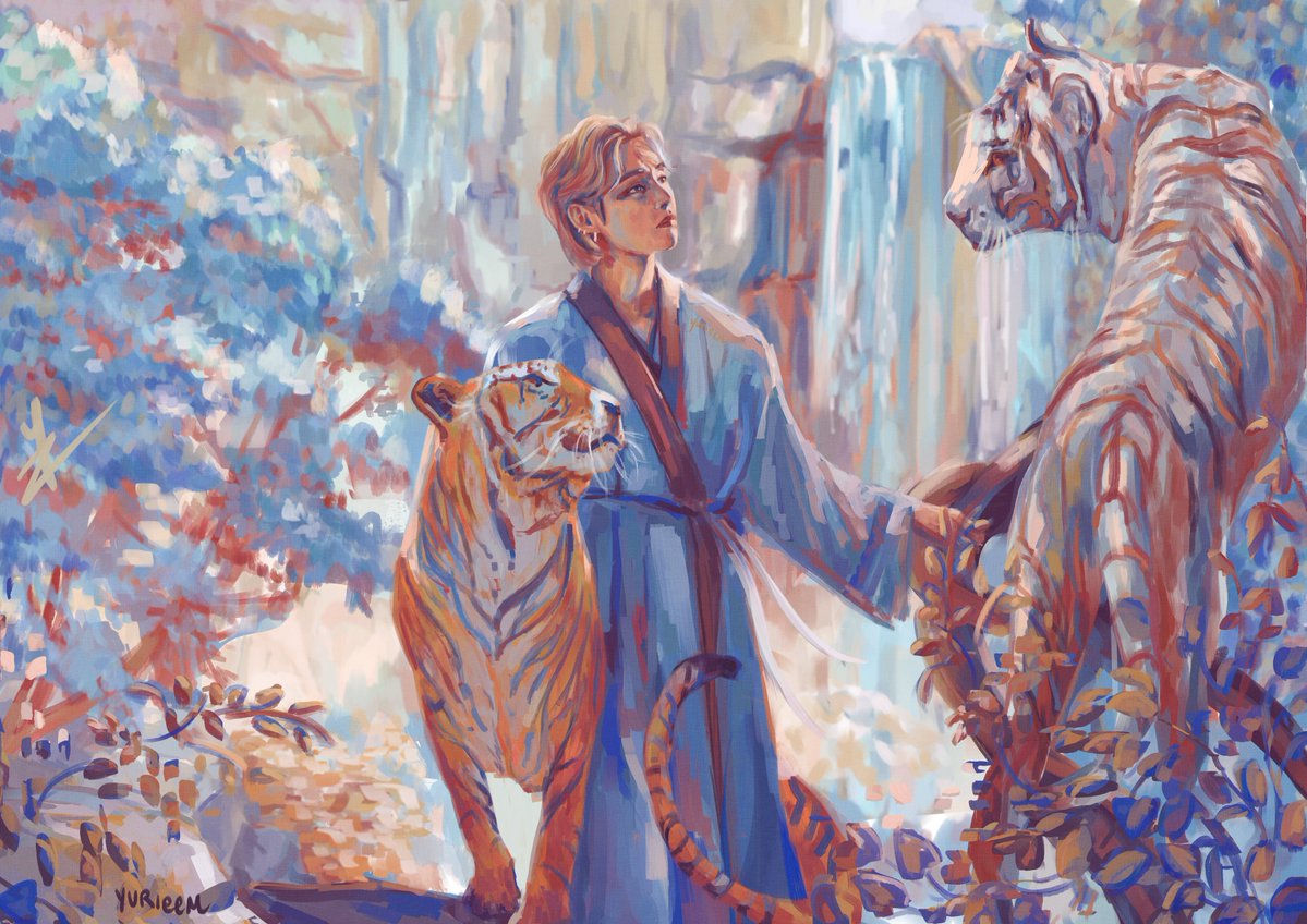 tiger 1boy male focus white tiger waterfall outdoors animal  illustration images