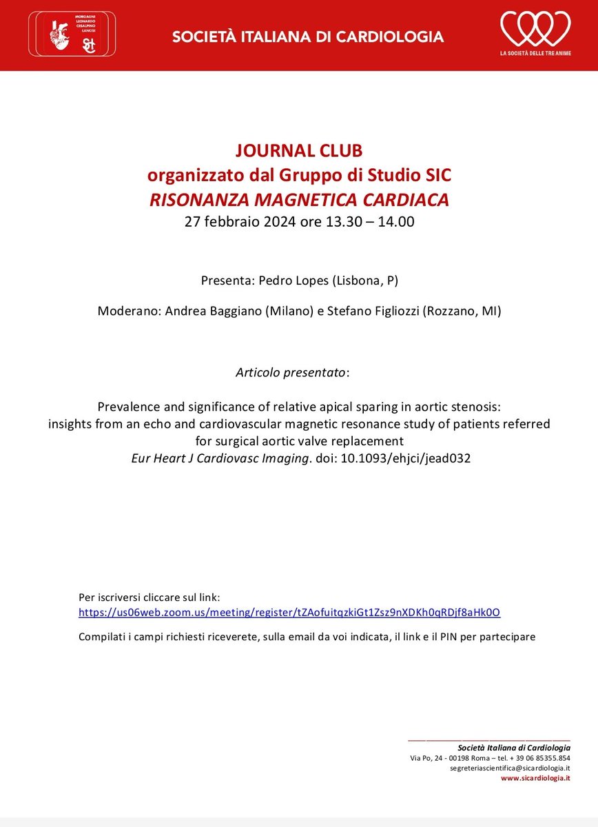 Stefano Figliozzi (@figliozzis) on Twitter photo 🎙️🔜🧲 Journal club
#WhyCMR <a href="/SIC_CARDIOLOGIA/">SIC Società Italiana di Cardiologia</a>
International guest: <a href="/PedroMLopes1/">Pedro M. Lopes</a> 🇵🇹
Topic: #apicalsparing in #aorticstenosis
⏰Martedì 27/02 13:30-14:00
Pre-iscriversi al link ⤵️
us06web.zoom.us/meeting/regist… 🎙️🔜🧲 Journal club
#WhyCMR <a href="/SIC_CARDIOLOGIA/">SIC Società Italiana di Cardiologia</a>
International guest: <a href="/PedroMLopes1/">Pedro M. Lopes</a> 🇵🇹
Topic: #apicalsparing in #aorticstenosis
⏰Martedì 27/02 13:30-14:00
Pre-iscriversi al link ⤵️
us06web.zoom.us/meeting/regist…