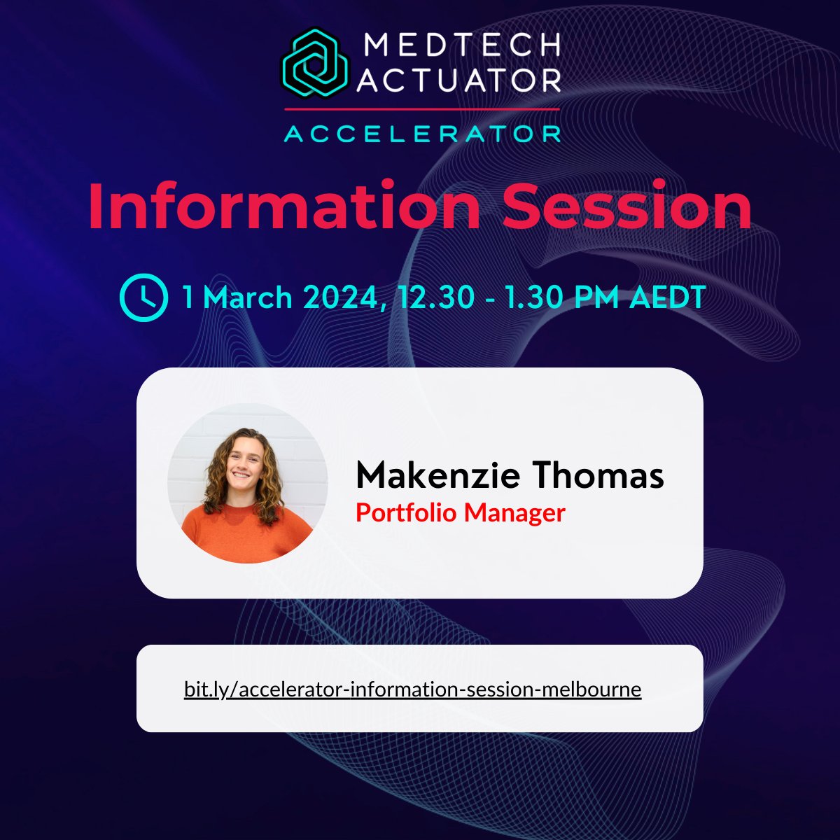 Join our Portfolio Manager, Makenzie, at our online information session on 1 March to learn more about the program and how you can put together an outstanding application!  

Register here - 
🇦🇺 𝗠𝗲𝗹𝗯𝗼𝘂𝗿𝗻𝗲, 𝟭 𝗠𝗮𝗿, 𝗢𝗻𝗹𝗶𝗻𝗲 𝘀𝗲𝘀𝘀𝗶𝗼𝗻: 
bit.ly/accelerator-in…
