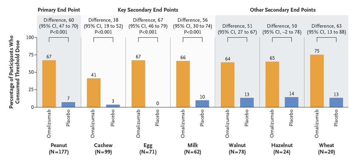 Presented today at #AAAAI24: In this trial involving 180 persons with food allergies, omalizumab was effective in increasing the reaction threshold for peanut and other common food allergens. Full trial results: nej.md/4bLW7aS