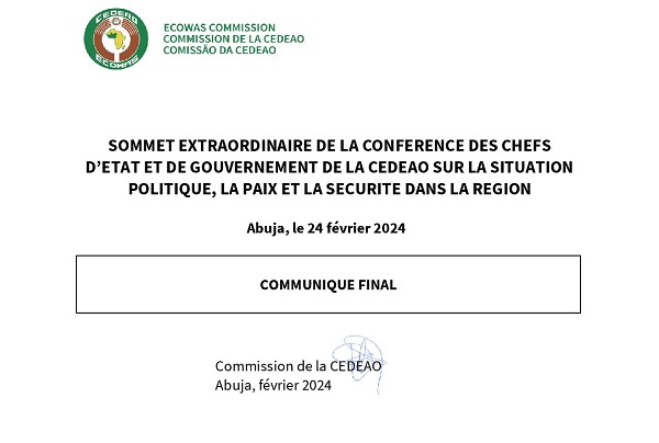 Communiqué final - Sommet Extraordinaire de la Conférence des chefs d’Etat et de Gouvernement de la CEDEAO sur la situation politique, la paix et la sécurité dans la région...ecowas.int/communique-fin…