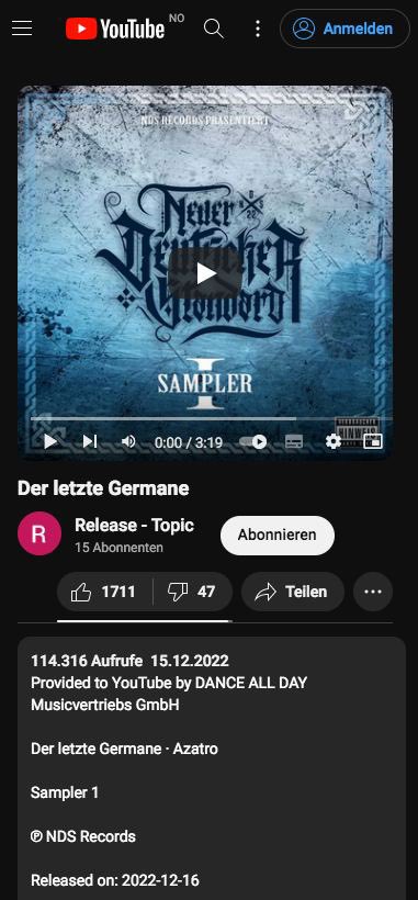 azatro327's tweet photo. Ich wollte einfach mal danke sagen für über 100.000 Aufrufe für mein Lied „ Der letzte Germane“ auf @YouTube. Es macht mich Stolz, dass ihr das Ding so abfeiert. Danke für eure Unterstützung 🔥  #germane #deutschrap #neuerdeutscherstandard https://t.co/RTaWJE1YT7