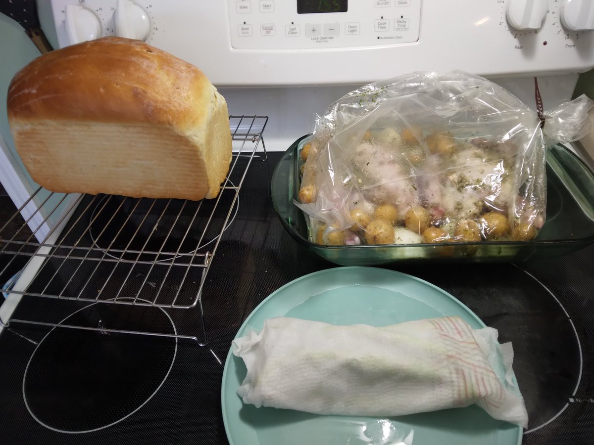 Sunday dinner. Potato bread, herbed Cornish hens and veggies in the bag will bake during museum farming, asparagus in the wet towels go in the microwave for 5 minutes after farming. #PlanningAhead