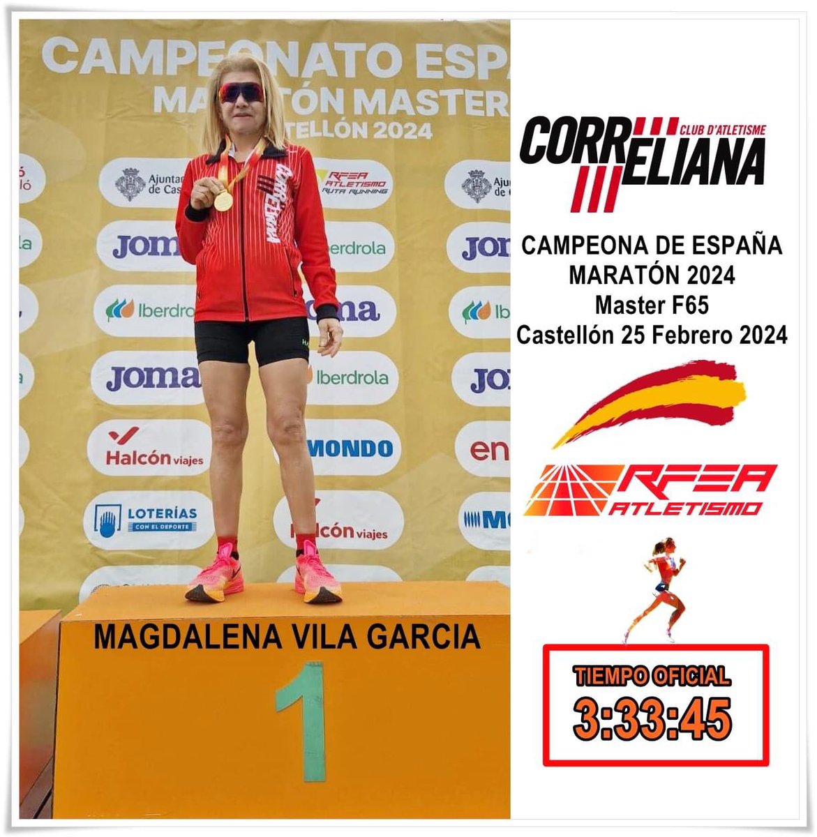 MAGDA VILA, #CORRELIANA, CAMPEONA DE ESPAÑA DE MARATÓN Master F-65 en Castellón (25/02/2024).
 La dama de acero revalida el campeonato de España conseguido también en Murcia el pasado año. GRANDE!!!! ENHORABUENA!!!
#orgullcorreliana #somcorreliana