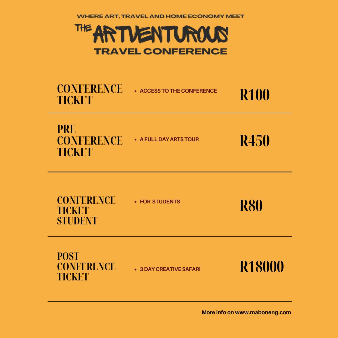 🎟ArtVenturous Travel Conference tickets are out - includes park & ride! Get yours now 🔗 rb.gy/2fykdp @visitjoburg @visitgauteng @visitsouthafrica #MabonengTownshipArtsExperience#ArtVenturousConference #TownshipArts #TurningTownshipsIntoTowns