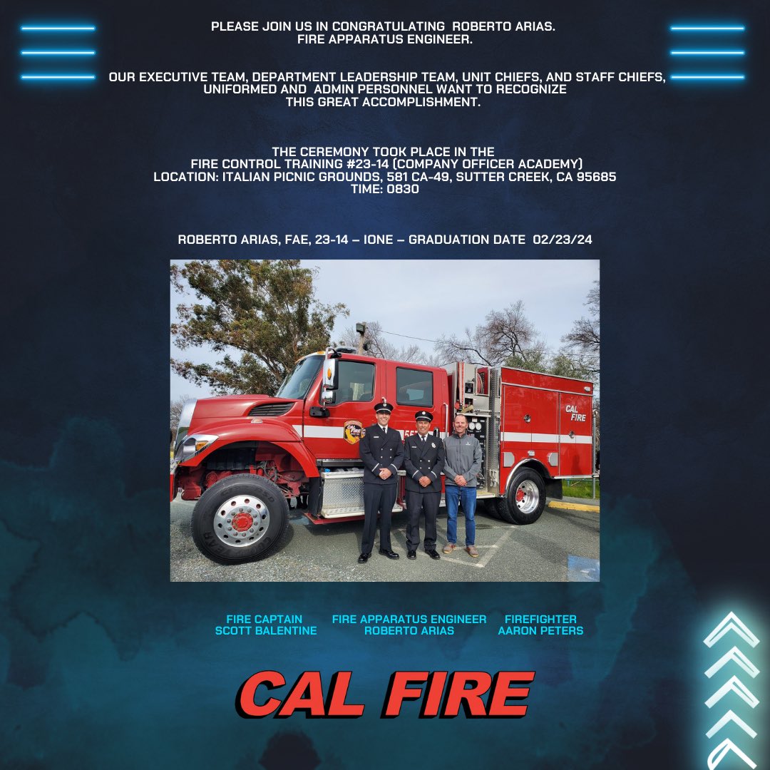 🎉 Join us in congratulating our newest Fire Apparatus Engineer (FAE) to the San Benito Monterey CAL FIRE unit! Here's to his success and commitment to keeping our community safe! 🔥🚒 #CALFIRE #Firefighters #CommunitySafety #Congratulations