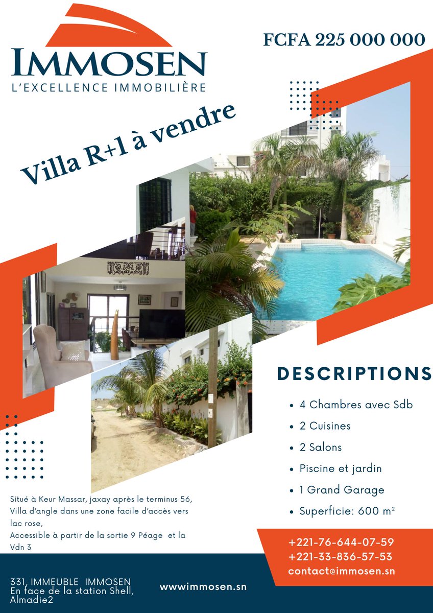 IMMOSENSarl's tweet photo. Une villa R+1 de 600m²  #luxieuse avec #piscine  à vendre à Keur Massar en Delibération / après Terminus 56
DETAIL :
PRIX : 225000000 FCFA
PROX :
12 min de lac rose
10 min de la sortie 9 péage
*Apres Terminus 56
Tel : 33 836 57 53/76 644 07 59
Courriel : contact@immosen.sn https://t.co/JcpjWaYrhI