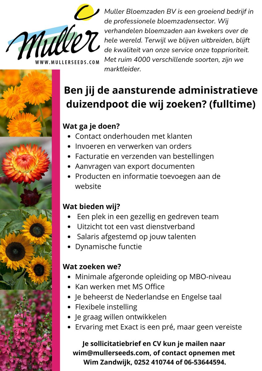 Willebrordus's tweet photo. Wie komt er ons mooie team versterken? Mooi modern bedrijf waar veel mogelijk is. Europa’s grootste onafhankelijke leverancier van professionele bloemzaden https://t.co/INc0ypktHF
