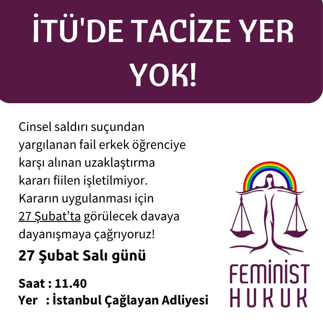İTÜ’de fail bir erkek öğrenciye verilen uzaklaştırma kararı uygulanmıyor. 

Üniversitelerde tacizcilere yer yok diyerek 27 Şubat’ta görülecek dava için dayanışmaya çağırıyoruz!

 📍Çağlayan Adliyesi
🕥11.40
📅27 Şubat Salı
#İTÜdeTacizeYerYok