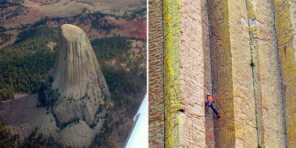 The American Devil's Tower consists of faceted formations and is 386 m high. According to the official version, it is magmatic recrystallized rock with sandstones, siltstones and shale interlayers.

Here the officials could specify more precisely,