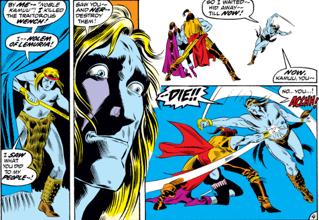 MarvelADay's tweet photo. #MarvelADay #SM63 A lone Lemurian bent on revenge stabs Zartra in the back, but Kamuu, in turn, kills him. All this as the city is collapsing around them. - crs https://t.co/CVtRmhYTSR