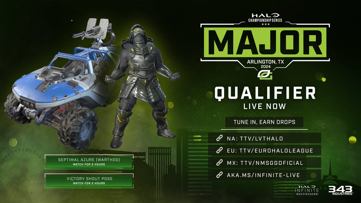 Halo Esports (@hcs) on Twitter photo It's time to see who will stamp their tickets to #HCSArlington24 ✈️
🏆 MAJOR QUALIFIERS LIVE NOW 🏆
🇺🇸 twitch.tv/LVTHalo
🇪🇺 twitch.tv/EuroHaloLeague
🇪🇺 twitch.tv/Atlasgg1
🇲🇽 twitch.tv/NMSggOficial It's time to see who will stamp their tickets to #HCSArlington24 ✈️
🏆 MAJOR QUALIFIERS LIVE NOW 🏆
🇺🇸 twitch.tv/LVTHalo
🇪🇺 twitch.tv/EuroHaloLeague
🇪🇺 twitch.tv/Atlasgg1
🇲🇽 twitch.tv/NMSggOficial