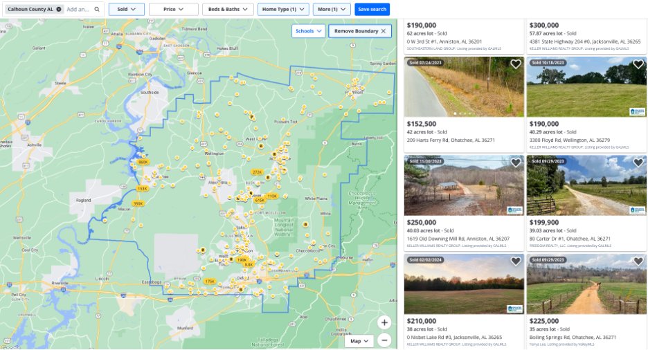 landlawyerbrian's tweet photo. Step Four: Will You Add Value?

Next, you need to compare the price/acre of your original lot to your new lots.

For this, we use Zillow. First, we want to confirm the market value of the larger parcel. I'm looking at comps for 40-acre lots. The market value is roughly $5k/acre.