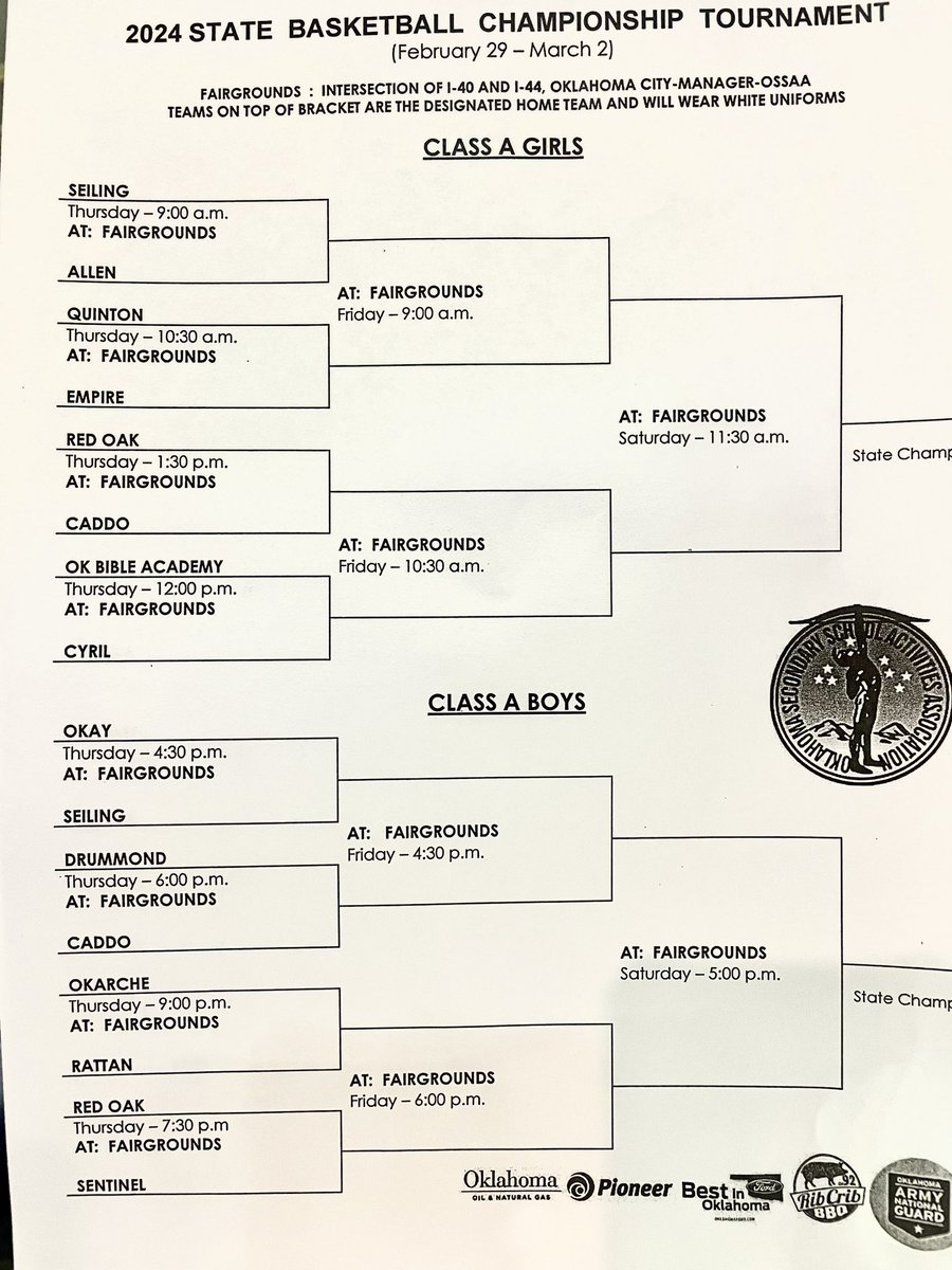 Posted below is the brackets for the Class A State Tournament @ State Fairgrounds - Oklahoma City. Games start this Thursday. Since the both teams qualified and the Girls play at 1:30pm, there will be no school this Thursday, February 29. School will also be closed on Friday