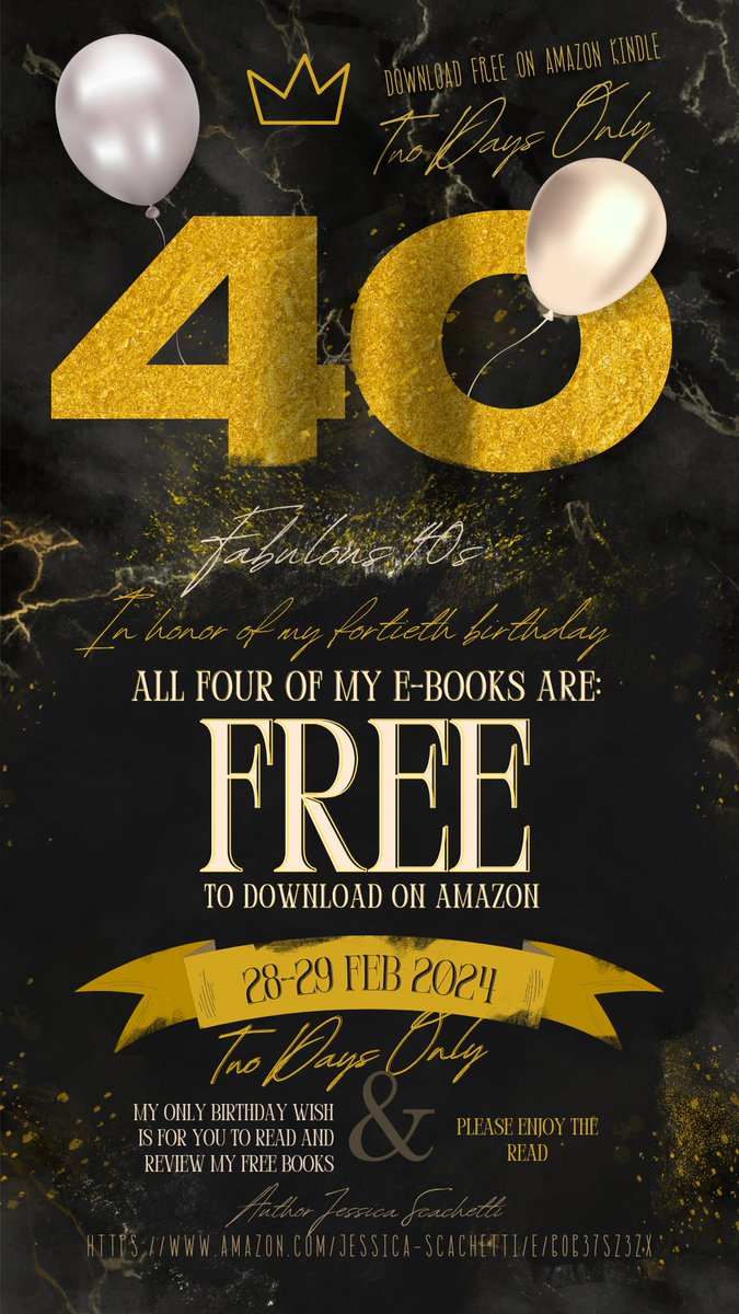 JessScachetti's tweet photo. #PleaseRepost #FreeEbooks #2DaysOnly #40thBirthday
In honor of my 40th Birthday, I'm listing all four of my e-books for free on Amazon.
Feb 28th and 29th!
My only birthday wish this year is that you enjoy the read. Reviews are always appreciated! https://t.co/OVLue3W2yA https://t.co/m48lb4orht