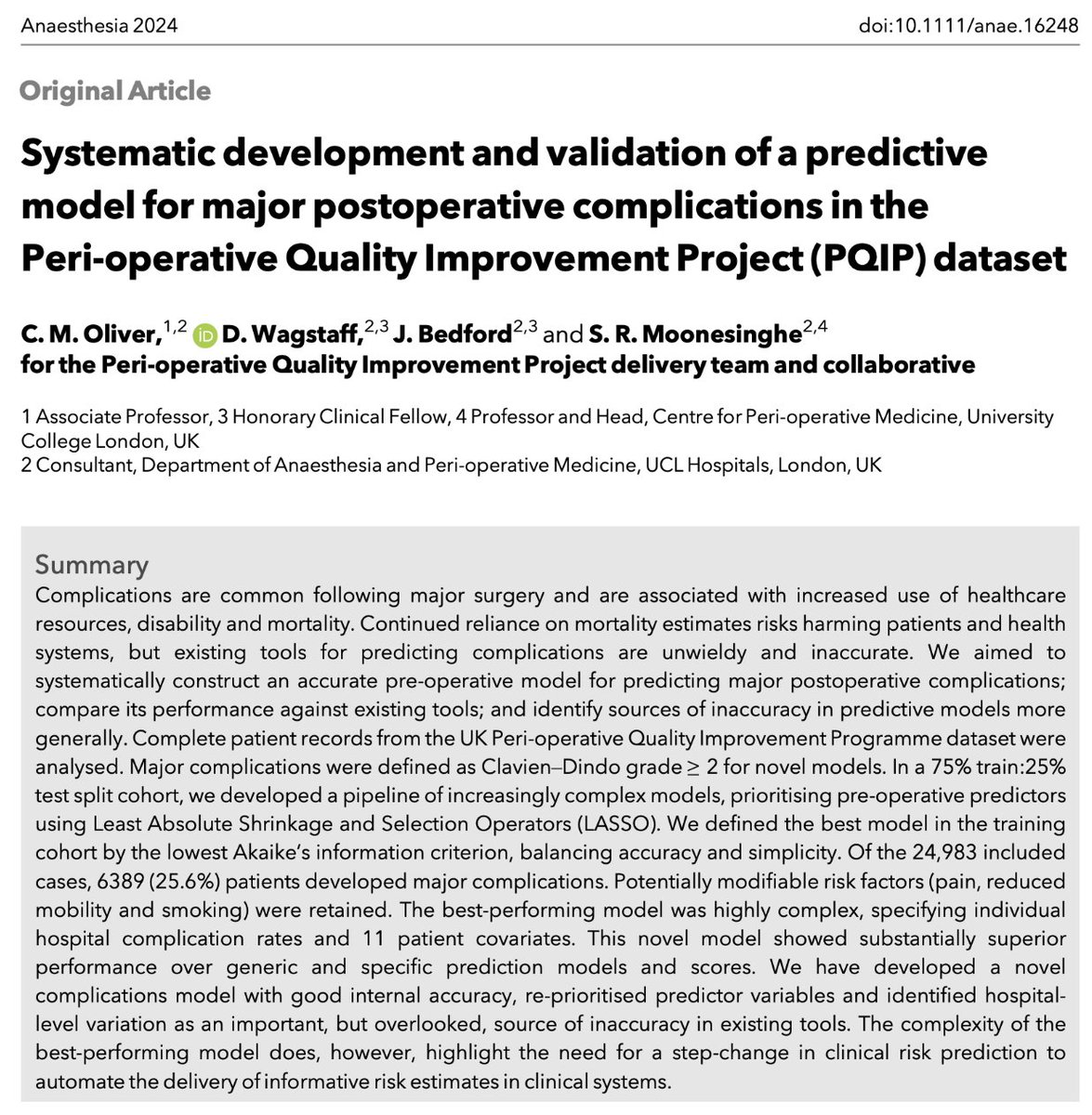 🔓Systematic development and validation of a predictive model for major postoperative complications in the Peri-operative Quality Improvement Project (PQIP) dataset. Now #OpenAccess! @CMOliver_ @duncanwagstaff @jbedford84 @rmoonesinghe @PQIPNews 🔗…-publications.onlinelibrary.wiley.com/doi/10.1111/an…