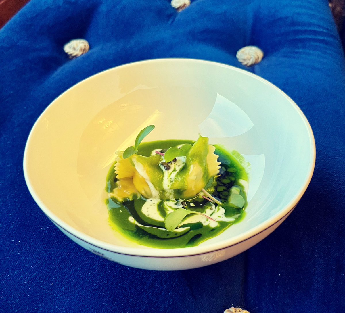 It’s always very Amusing in the George V Room @ashfordcastle Scallop & Prawn Agnolotti Estate wild Garlic Grass& Seed Veloute @velvetcloud.ie_ yogurt #Amuse 🏰☘️❤️😎