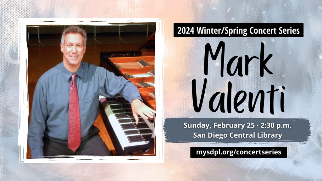 Today at 1:30 p.m., the 100 year old Steinway B at #SanDiegoCentralLibrary will be played by pianist Mark Valenti. Everyone is welcome to come down to the auditorium and come to this concert! mysdpl.org/concertseries