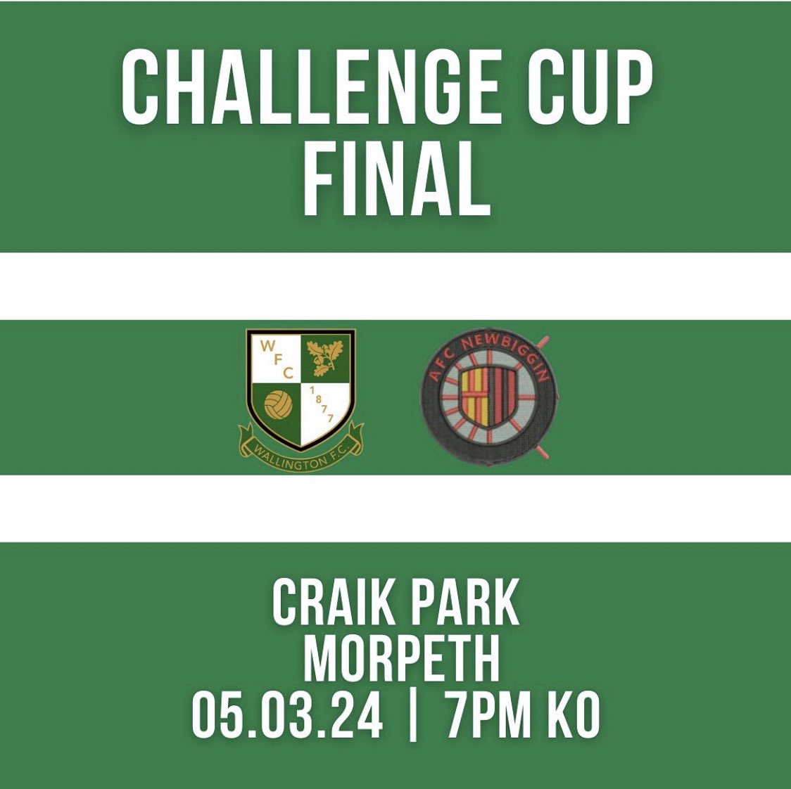 wallington1877's tweet image. Next Tuesday we will compete for this seasons first bit of silverware when we face AFC Newbiggin at Craik Park,  Morpeth.

Would be great to see as many Green fans as possible along supporting the lads 💚
